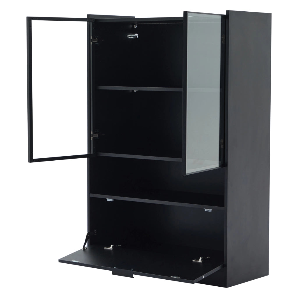 Vetrina con LED e ante in vetro temperato, vano ribaltabile, per soggiorno, in truciolare, nero, 120 × 80 × 35 cm