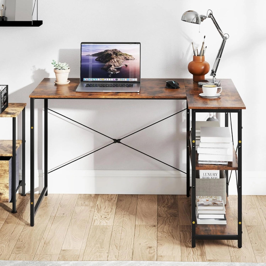 Scrivania a forma di L da 118 cm, tavolo per computer con ripiano reversibile, scrivania ad angolo moderno con ripiano regolabile, per studio, ufficio, marrone