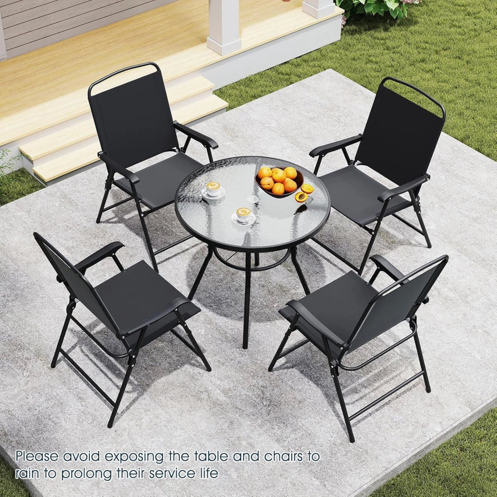 Set da Bistrò in Tessuto Textilene, Set da Giardino in 6 Pezzi, con Ombrellone, Tavolo e 4 Sedie Pieghevoli, Set Tavolo e Sedie da Balcone, Set da Esterno per Patio, Bordo Piscina, Nero