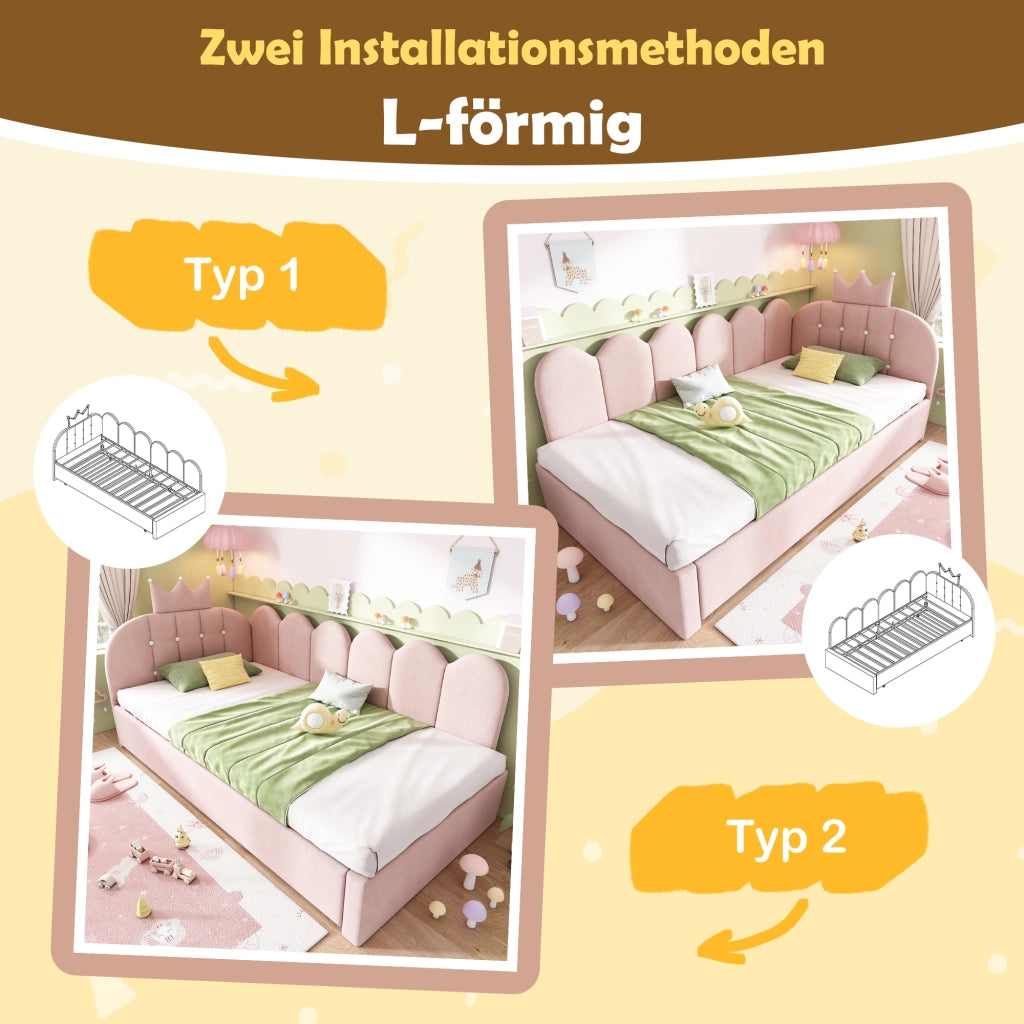 LETTO a scomparsa L-forma 90x200 cm in velluto rosa con letto estraibile