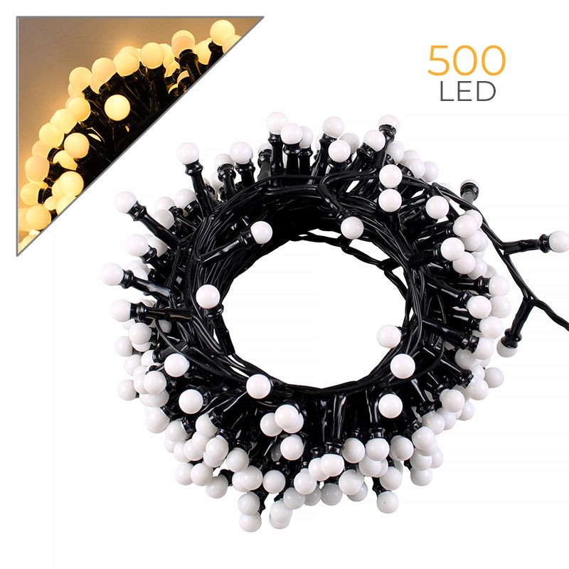 CATENA LUMINOSA LED A SFERA 500 LUCI GIALLE SU CAVO NERO DA 10 METRI - PERFETTA PER DECORAZIONI INTERNE ED ESTERNE