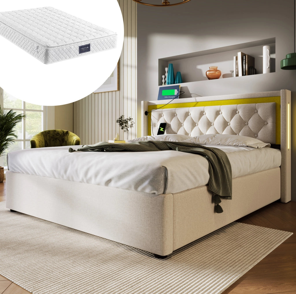 Letto matrimoniale 140x200 con materasso; LED; USB e Type-C; contenitore; beige