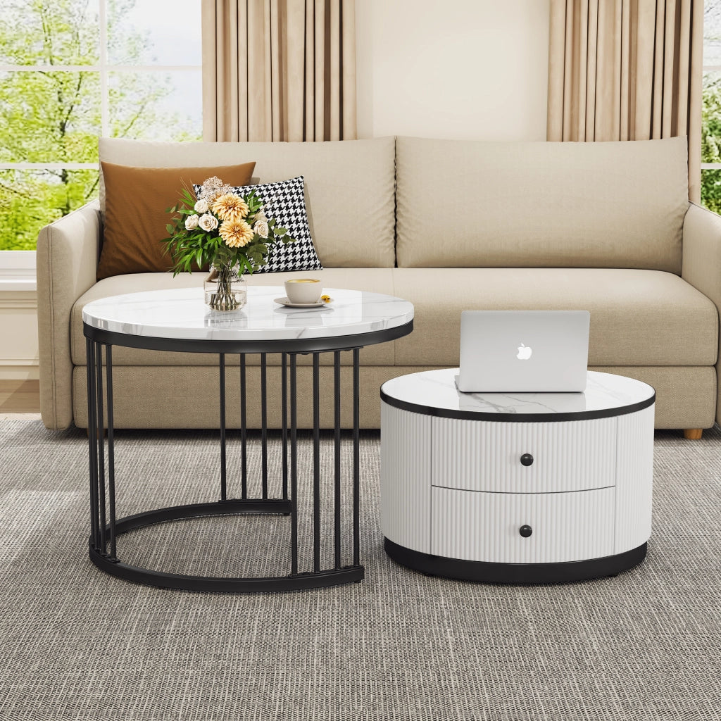 Set di 2 tavolini da caffè rotondi con finitura effetto marmo lucido; bianco e nero; MDF