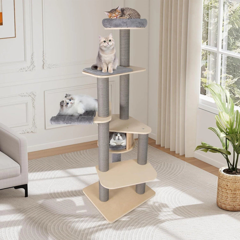 Albero per Gatti Alto 197 cm, Tiragraffi per Gatti con Comodo Trespolo Imbottito Superiore, Condominio Privato per Gatti, Materassini Staccabili, Pali per Graffiare e Amaca Confortevole