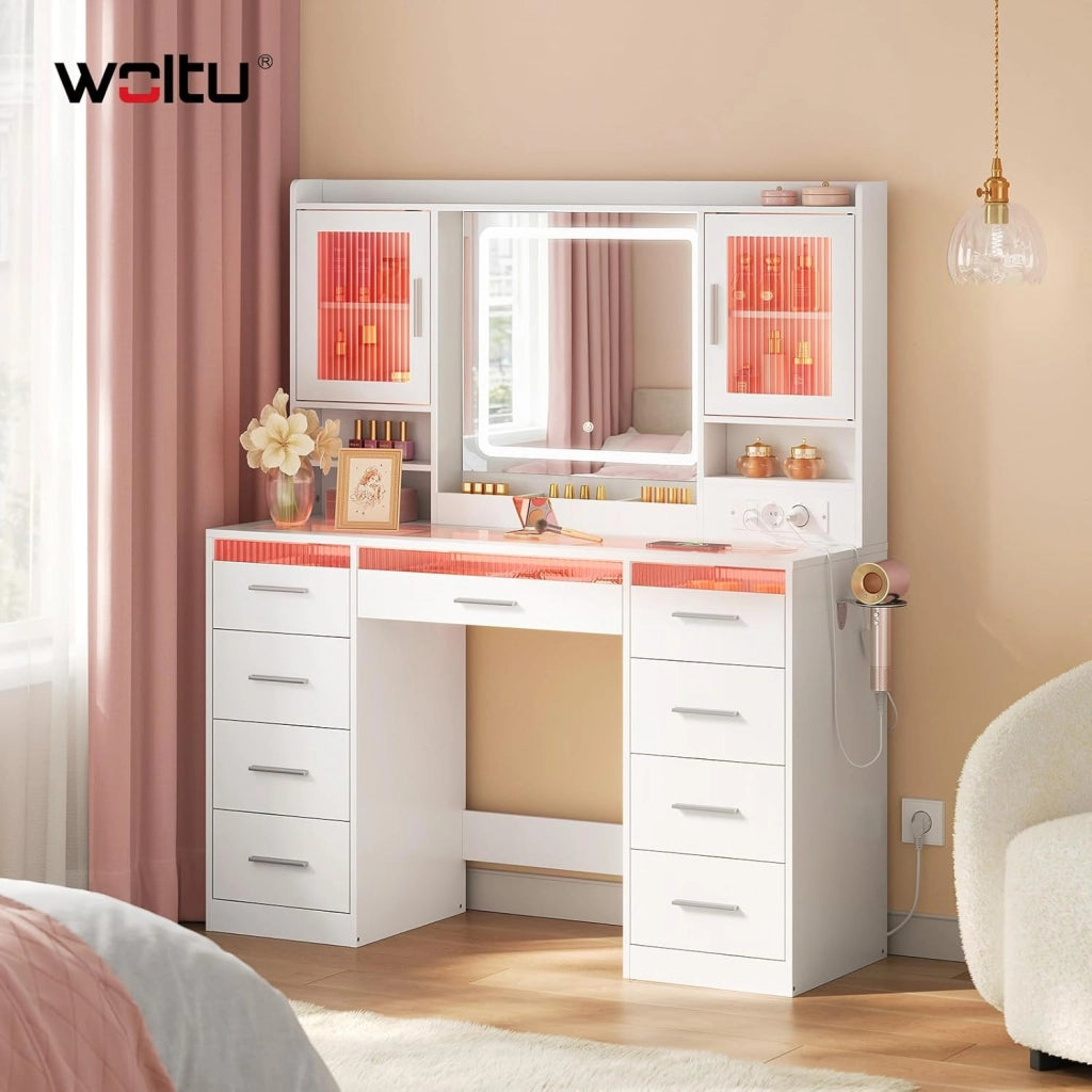 Toeletta con Specchio e LED Regolabili, 2 Armadietti con Ante e Luci RGB, 9 Cassetti e Multipresa, Piano in Vetro Temperato, Postazione Trucco, per Camera da Letto, Cabina Armadio, Bianco