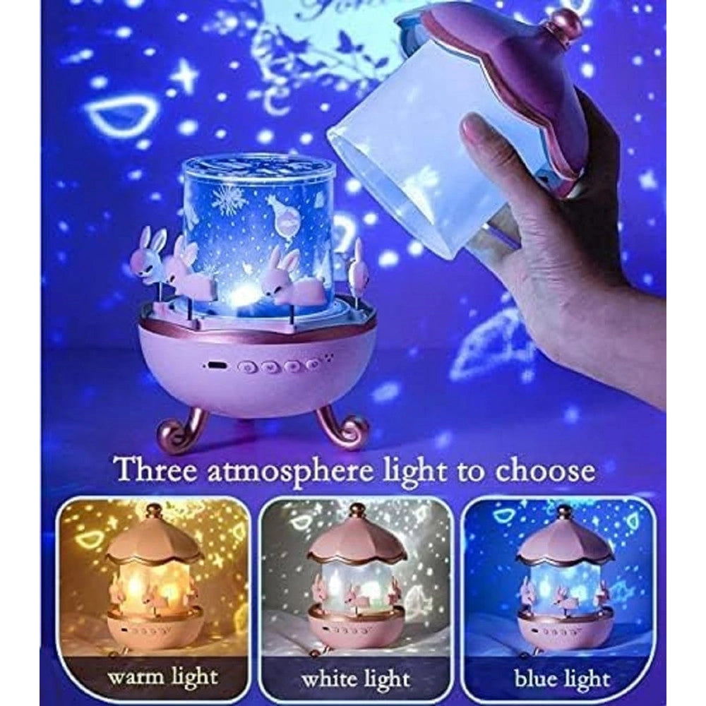 Trade Shop - Luce Notturna Per Bambini Proiettore Cielo Forma Coniglio A Led Con Rotazione Altoparlante -