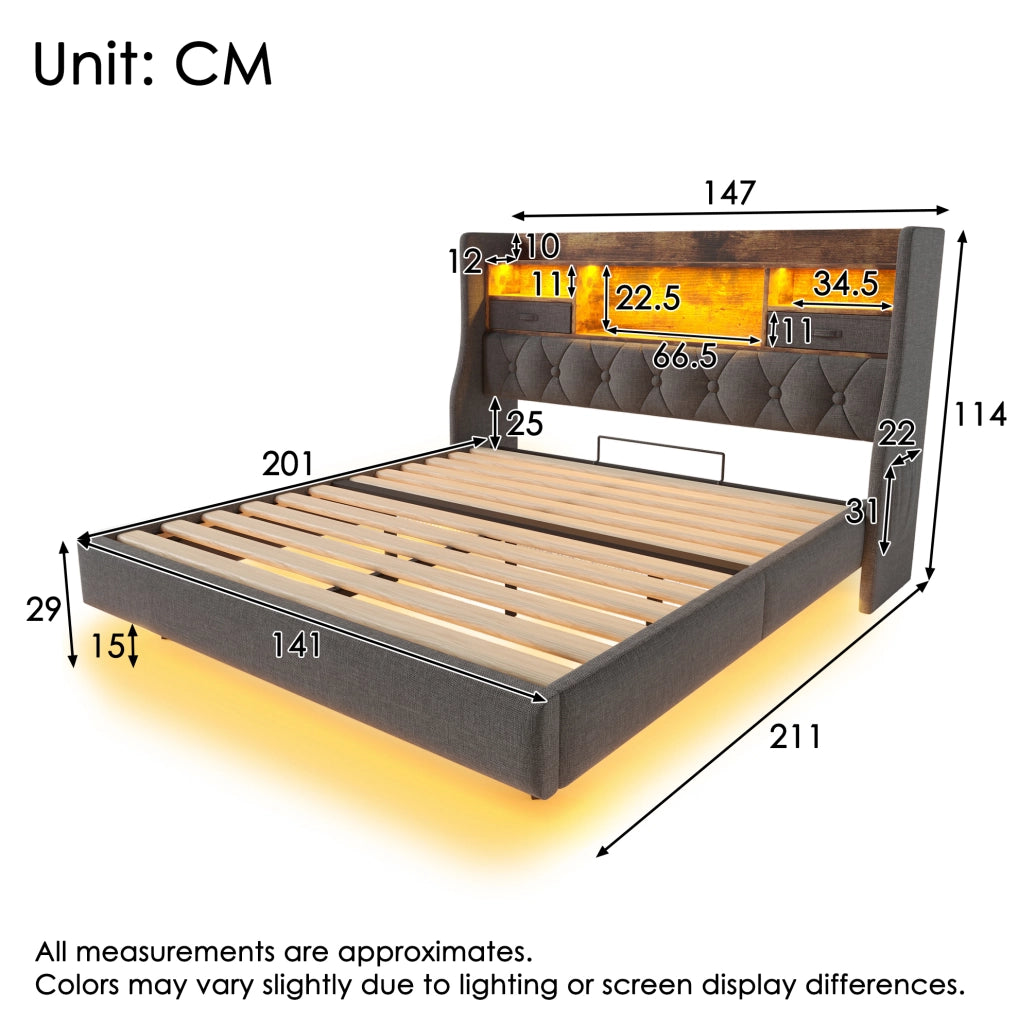 Letto imbottito 140x200 cm grigio con LED, ricarica USB/Type-C e contenitore