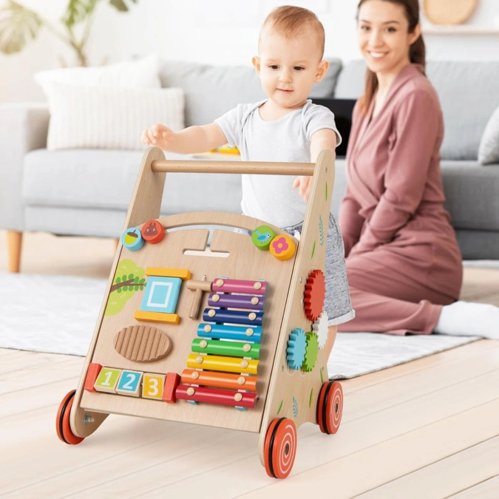 Carrello primi passi per bambini in legno, Girello a spinta con manico contenitore e ruote Multicolore-Primi passi