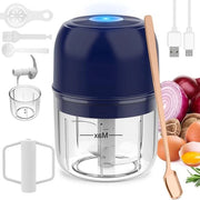 Mini hakselaio per aglio elettrico - sbattitore uovo - mulino alimentare - hakselaio aglio portatile - blower - frutta verdura - impermeabile - superficie siliconica - 250+250ML (blu)