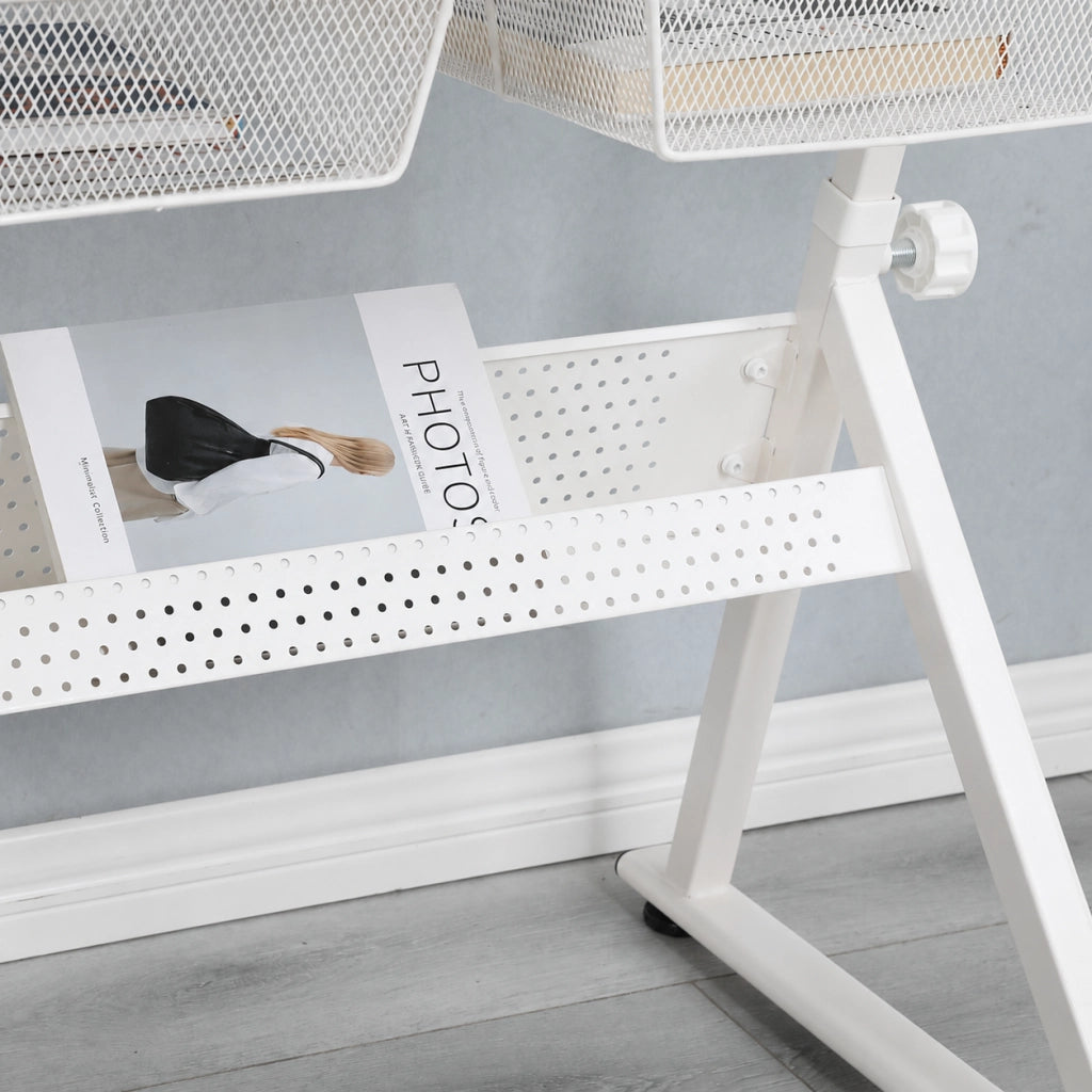 Scrivania lineare regolabile con piano in vetro, vani e cassetti, per ufficio e studio, bianco