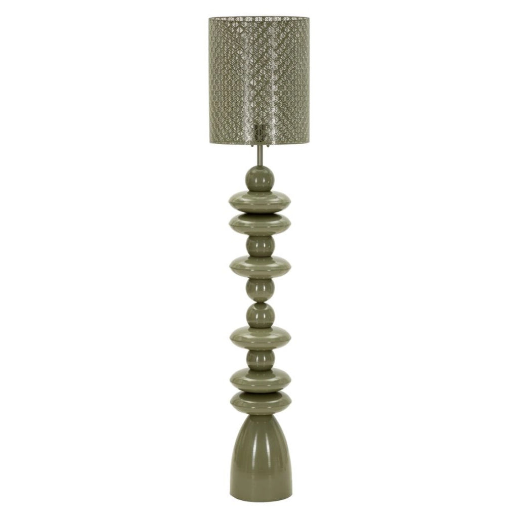 Lampada da terra in metallo verde intenso con paralume intagliato