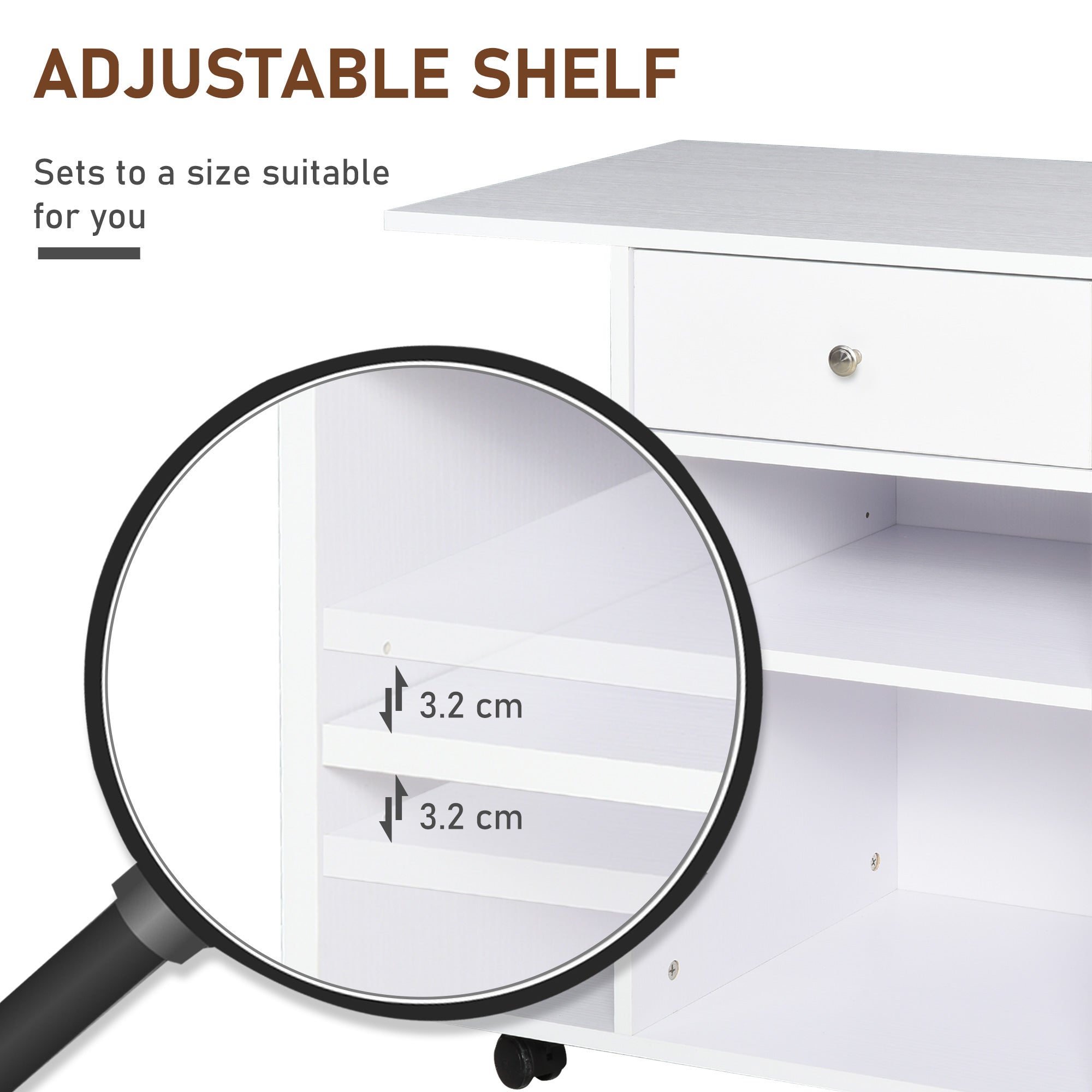 Mobiletto per Stampante con 4 Ruote Mensola Regolabile e Piano per CPU  in Legno Bianco