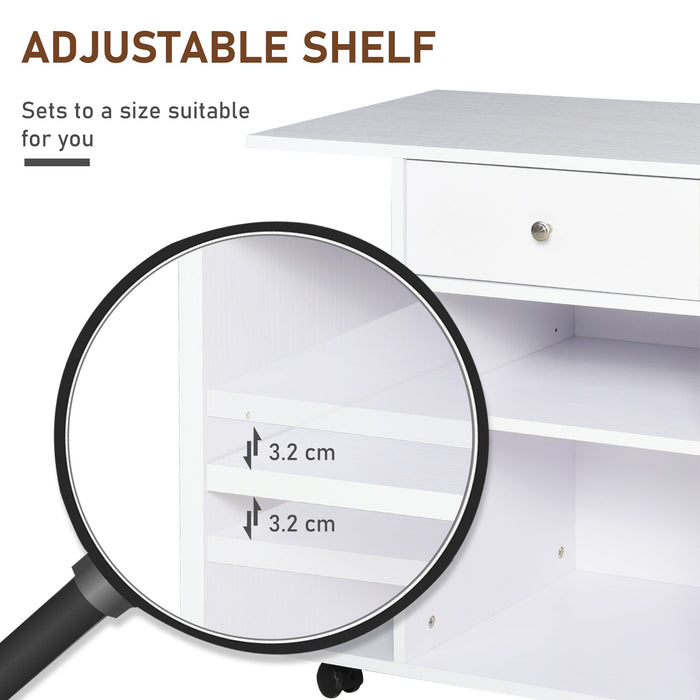 Mobiletto per Stampante con 4 Ruote Mensola Regolabile e Piano per CPU  in Legno Bianco