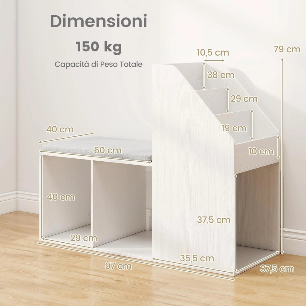 Panca Scarpiera con Cuscino Rimovibile e Scaffale 2 in 1, Scaffale Portaoggetti a 3 Cubi e 3 Ripiani per Libri, Panca per Scarpe da Ingresso e Soggiorno, 97 x 40 x 79 cm, Bianco