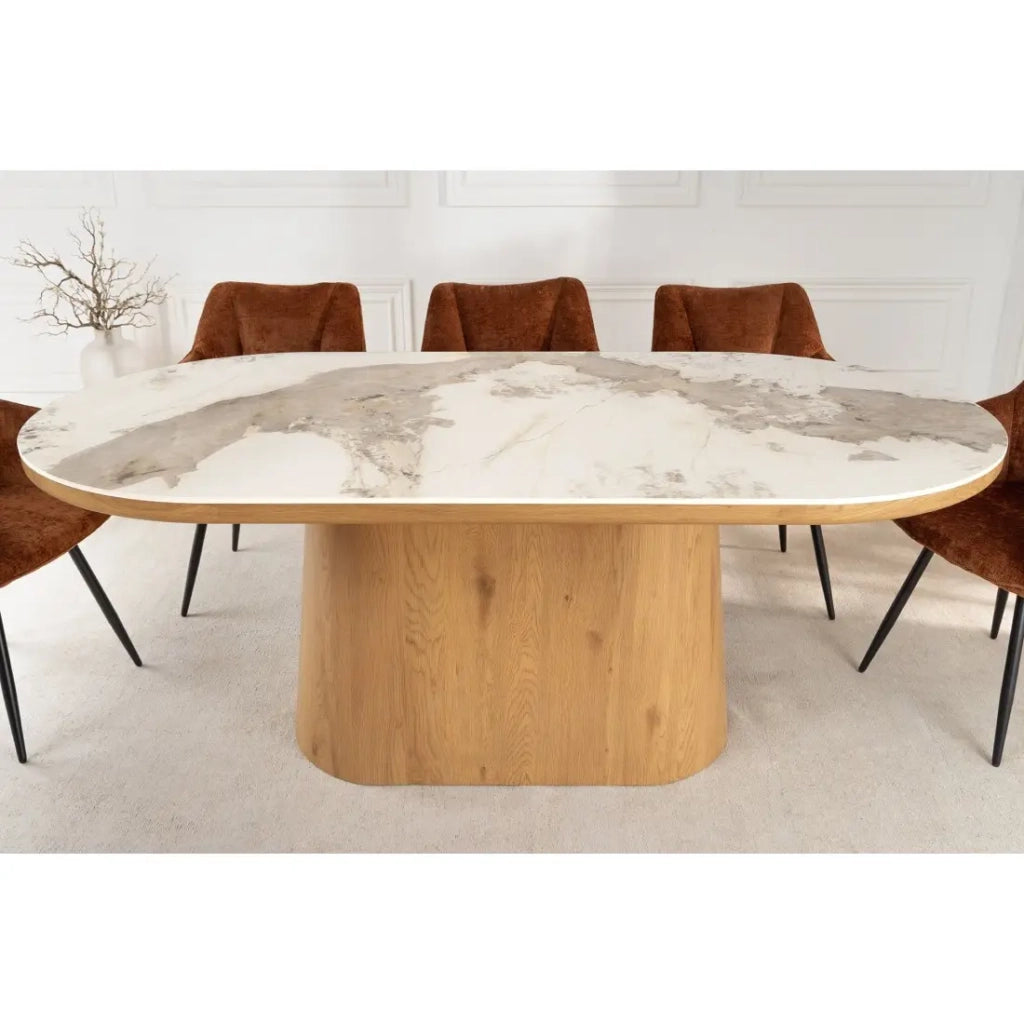 Tavolo da pranzo LUMEA – Ovale 200 cm – Effetto marmo bianco – Piede largo – Stile contemporaneo