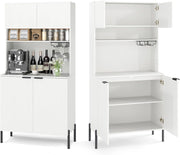 Mobile Buffet con Stazione di Ricarica, Portabicchieri, Vetrina, Credenza Cucina con Ripiani Regolabili, Mobiletto Multiuso per Sala da Pranzo, Soggiorno, 80x40x164cm(In 2 Pacchi) (Bianco)