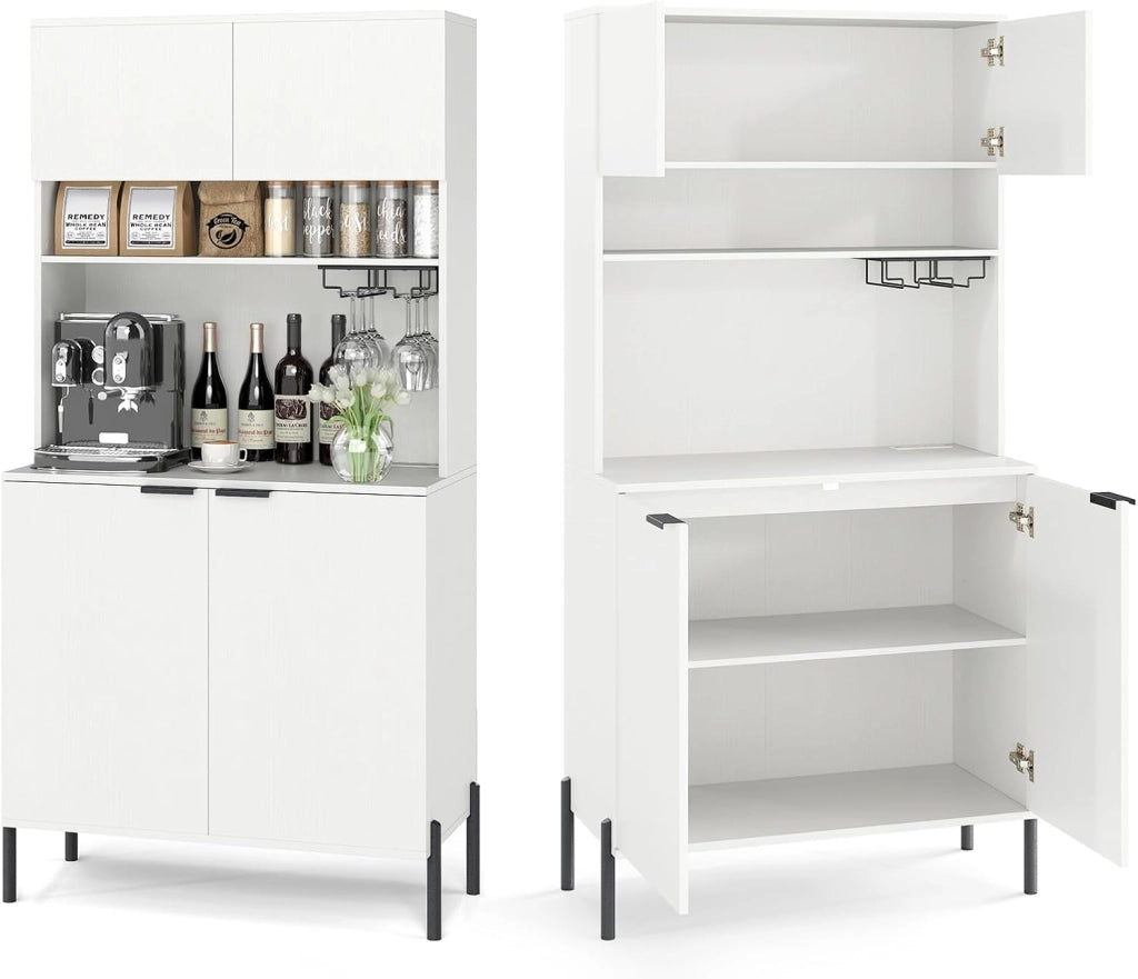 Mobile Buffet con Stazione di Ricarica, Portabicchieri, Vetrina, Credenza Cucina con Ripiani Regolabili, Mobiletto Multiuso per Sala da Pranzo, Soggiorno, 80x40x164cm(In 2 Pacchi) (Bianco)