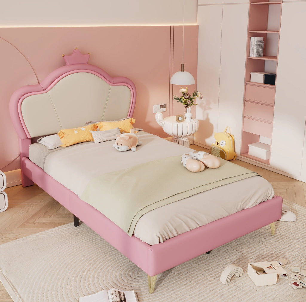 Letto per bambini imbottito 90x200 cm con testiera a corona; similpelle rosa e bianco