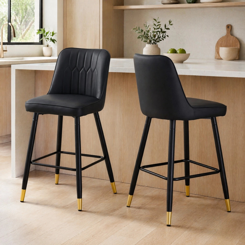 Sgabello da Bar Set di 2 con Schienale e Poggiapiedi, in Metallo e PU, Nero 100 cm