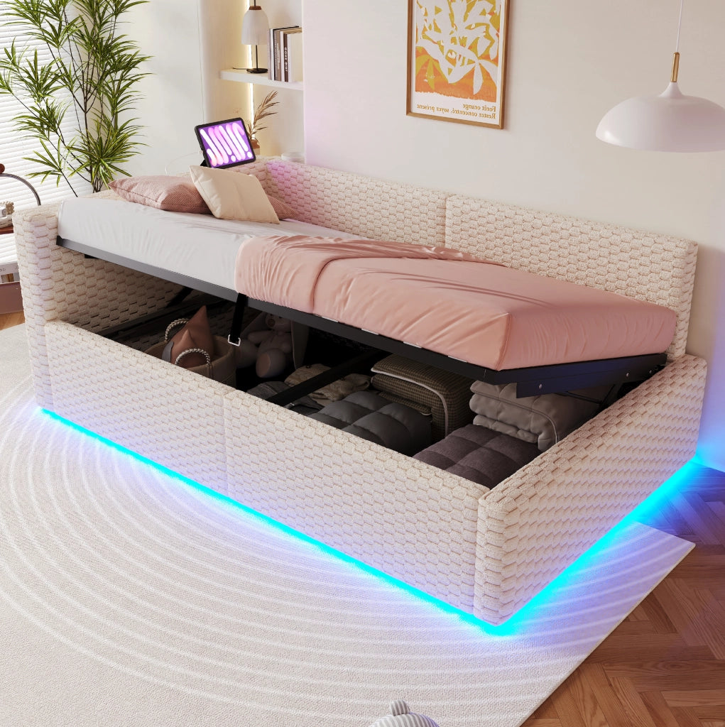 Letto imbottito 90x200 cm con LED; porte USB e contenitore idraulico; in velluto beige
