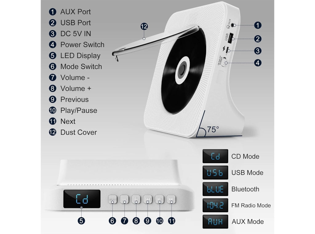 Lettore CD Portatile e Desktop con Altoparlanti Bluetooth Radio FM Protezione Anti-Salto e Copertura Antipolvere con Display LCD