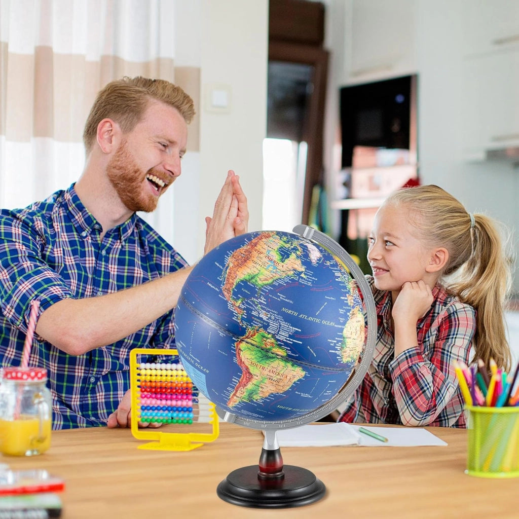 Globo illuminato da 30 cm, globo mondiale con mappa in rilievo, illuminazione a LED, display fuso orario, base in legno antiscivolo, globo geografico per studenti, educazione, decorazione