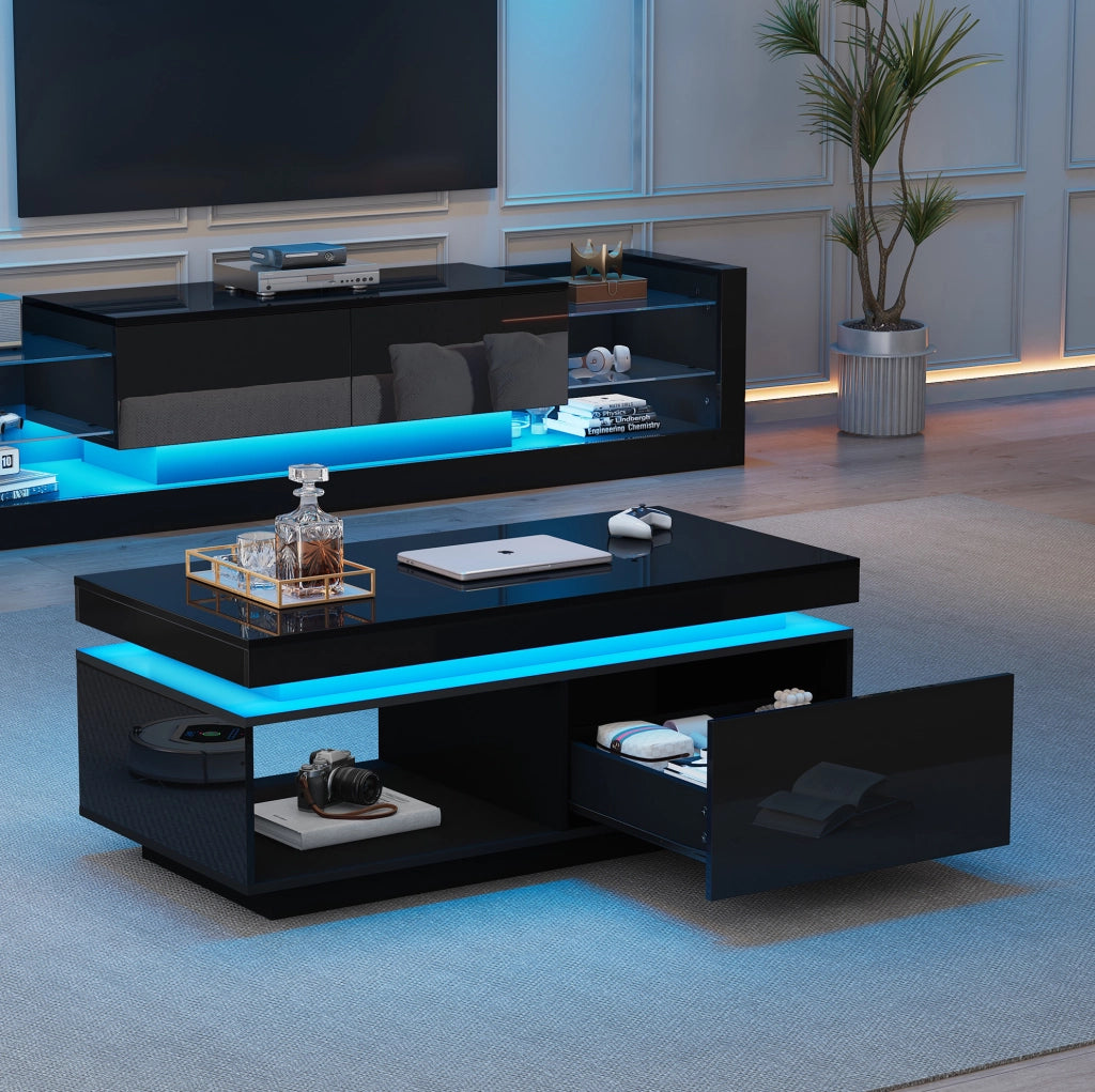 Set mobile TV e tavolino nero lucido con LED