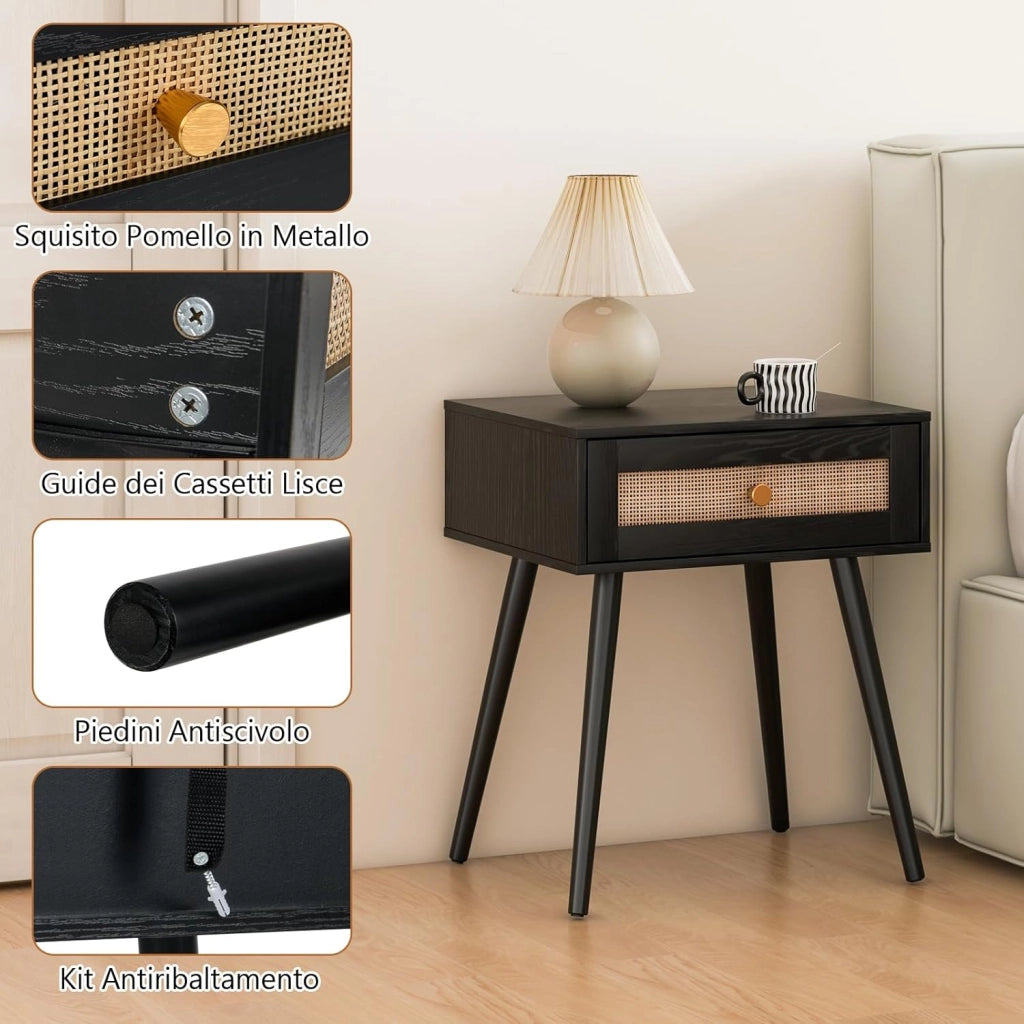 Comodino in Rattan 48 x 40 x 58 cm, Armadietto con Cassetto e Gambe in Legno Massello, Tavolino in Stile Boemia per Camera da Letto, Soggiorno e Salotto, Naturale
