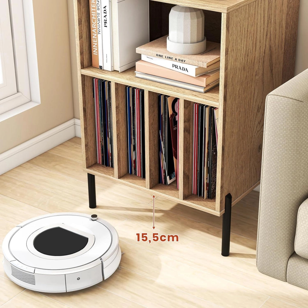 Tavolino da Letto Mobile Giradischi con Base di Ricarica, Comodino per 150 Album, 2 Porte USB, 1 Tipo C, 5 Scomparti, Gambe in Metallo, Supporto per Giradisco, 53 x 45 x 78 cm