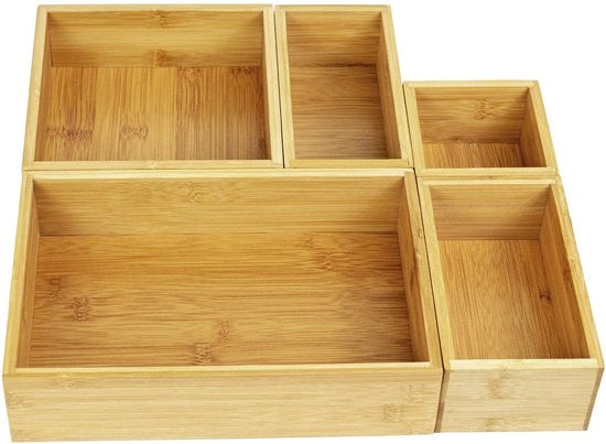 Organizzatore per cassetta a 5 ripiani in bambù, scatola organizzatrice in bambù, divisore per cassetta in legno per cucina, bagno, ufficio, camera da letto e soggiorno