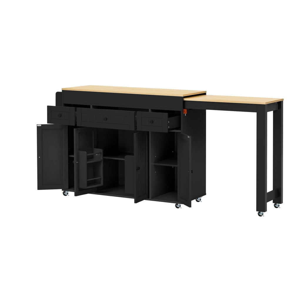 Mobile cucina con 3 cassetti; piano estraibile e ripiani regolabili per cucina in MDF nero naturale 137-190.6 × 45.2 × 92 cm