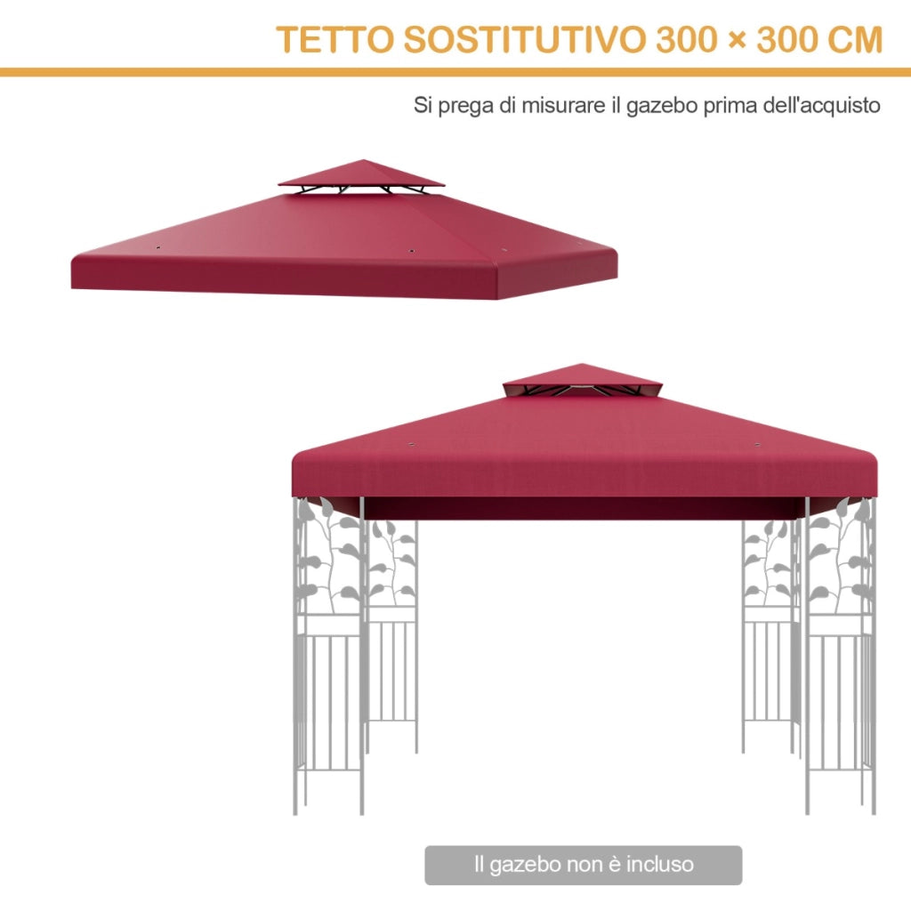 Copertura di ricambio per gazebo a 2 livelli da 300x300cm, Tettoia con fibbie in alluminio e chiusure a strappo Rosso bordeaux-Gazebo