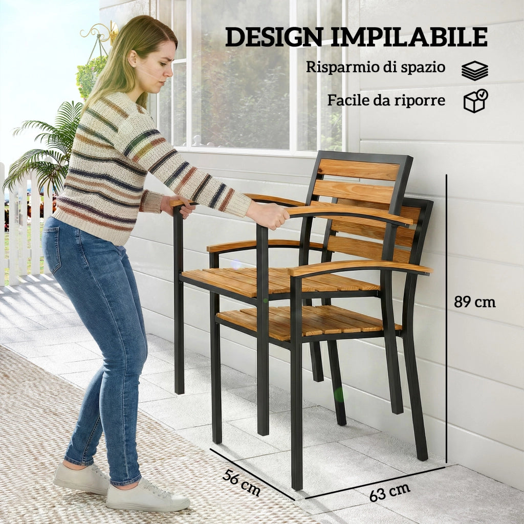 Set 2 Sedie Impilabili da Esterno 56x59x84 cm in Legno e Acciaio Colore Legno e Nero
