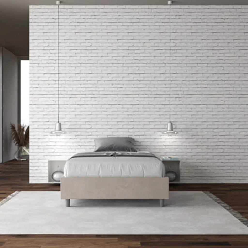 Letto matrimoniale francese con rete imbottito 140x210 microfibra sabbia Azelia