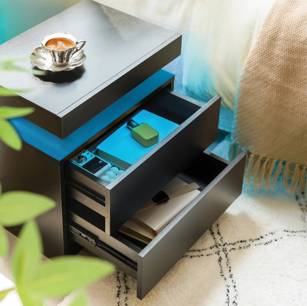 Comodino Moderno con Lampada LED Regolabile e 2 Cassetti, Nero