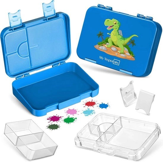 Bento Box per bambini; 4 + 2 compartimenti; contenitore per panino estremamente resistente; ideale per asili nido e scuola (blu, T-Rex)