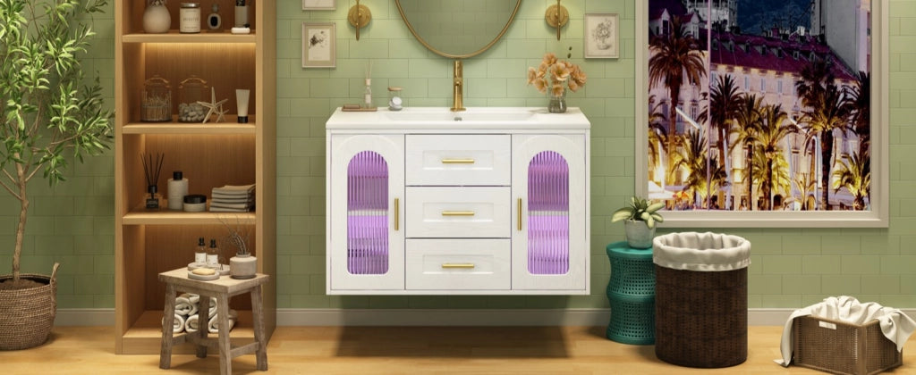 Mobile sottolavabo da bagno con 2 cassetti 2 armadietti LED e lavabo ceramica bianco 76 × 46 × 55 cm
