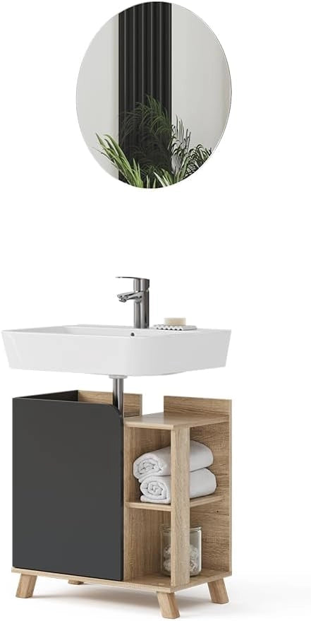 Set di mobili da bagno Karen, Sonoma/antracite, 60 cm, composto da specchio da bagno e mobile sottolavabo