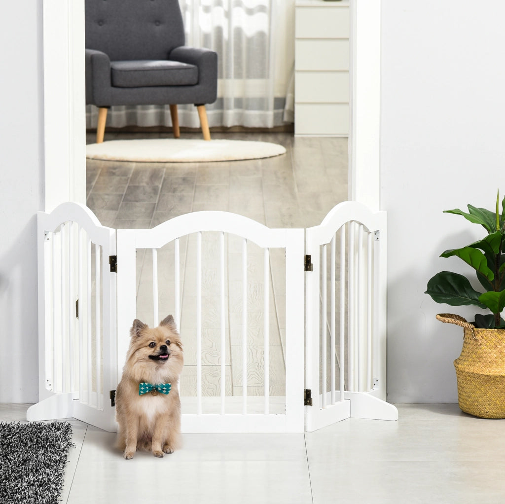 Cancelletto per cani pieghevole con piedini di supporto in legno e MDF bianco
