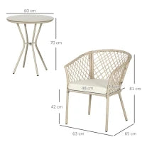 Set da Giardino in Rattan con 2 Poltroncine con Cuscini e Tavolino da Caffè in Vetro, Khaki