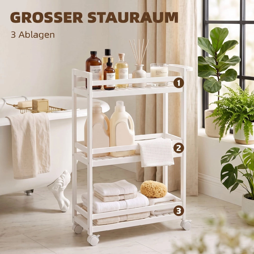 Carrello da cucina in bambù a 3 ripiani con protezioni, 55 x 20 x 75 cm
