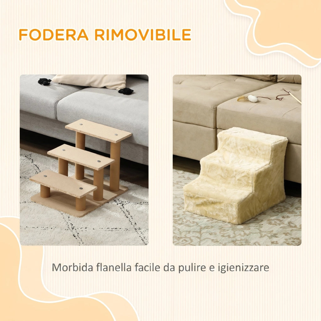 Scala per Cani a 3 Gradini per Cani e Gatti di 4,5 kg in Velluto Sfoderabile e Lavabile Beige