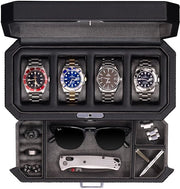 Cassa orologio in legno con 4 contenitori e cassetto - Organizzatore di gioielli di lusso, vetrina chiusa con vetrata in vetro reale - Cassa orologio organizzatore per uomini e donne (grigio)