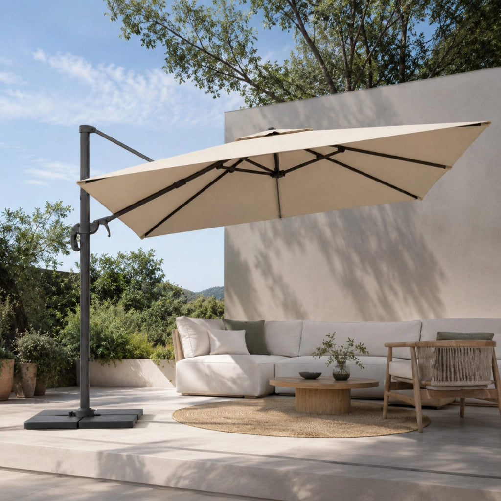 Ombrellone Professionale Per Giardino Terrazza Piscina Gazebo Dehors Bar Hotel Con Braccio Pieghevole Rotazione Completa 360° Tela Impermeabile Protezione Solare UV Acciaio Inossidabile 3x3 M Beige