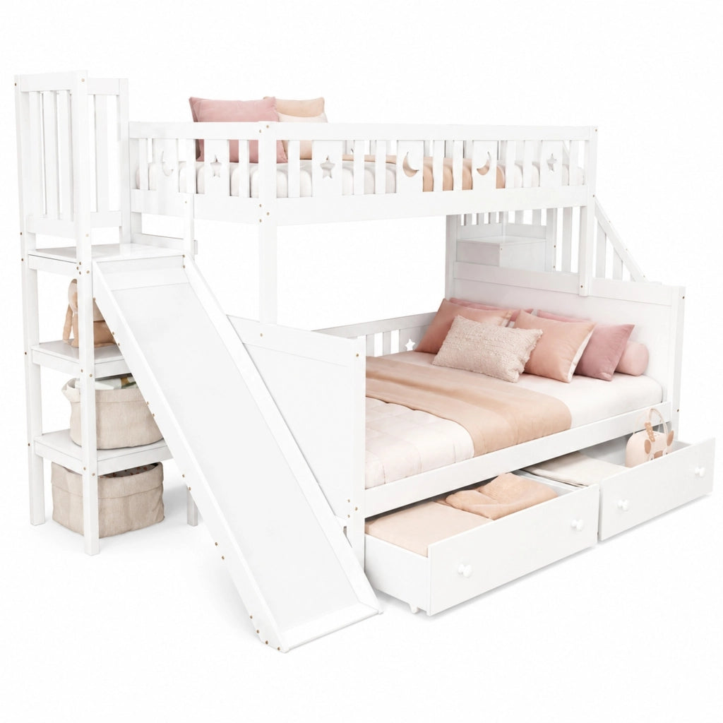Letto a castello per bambini con scivolo e cassetti, bianco