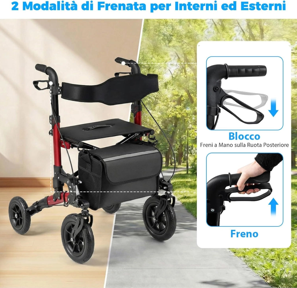 Deambulatore a Rotelle per Anziani, 2 in 1 Deambulatore Pieghevole con Seduta, Ammortizzatore, Schienale in Rete, Sospensione a Molla, 4 Ruote, Portacanne e Borsa Portaoggetti (Rosso)
