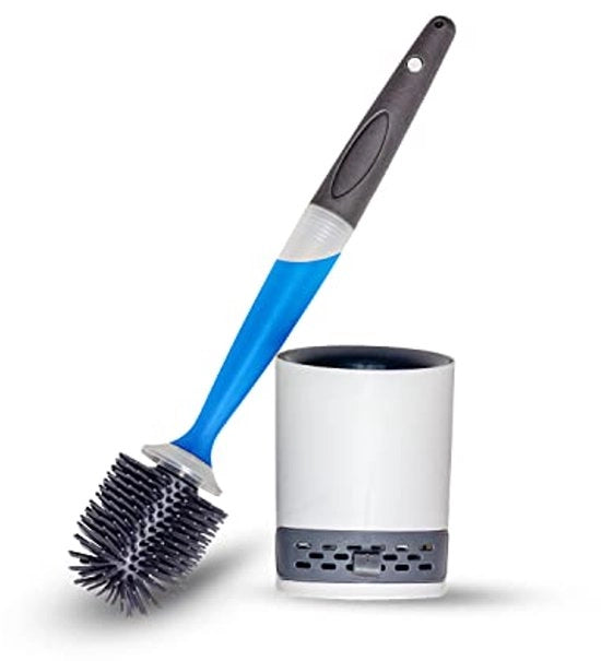 Spazzola per il water con aspirapolvere e dispenser per la pulizia e neutralizzatore di odori - resistente ai batteri, design elegante, inclusa maniglia per la parete, bianco/grigio