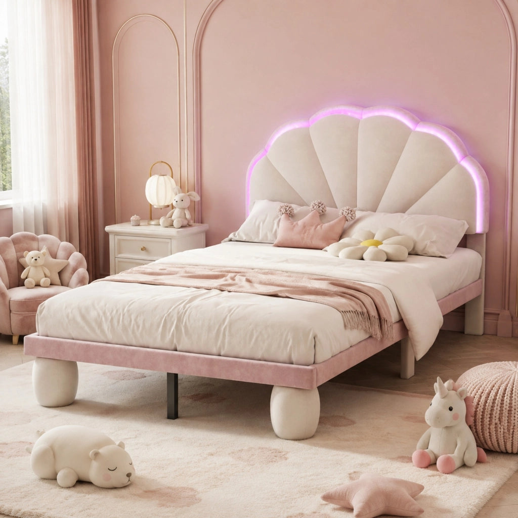 LETTO imbottito 90x200 cm in velluto Beige+Rosa con strisce LED multicolore