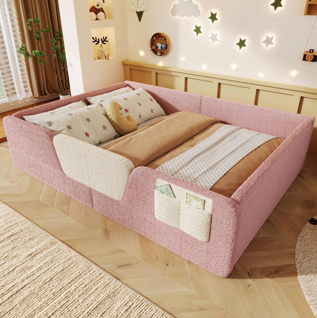 Letto imbottito per bambini 140x190 cm in velluto rosa con sponde removibili