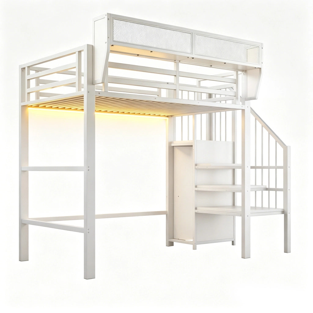 Letto a soppalco 90x200 cm in metallo e MDF; con LED; scala di sicurezza; bianco